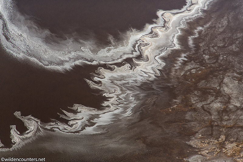 Aerial view of evaporated sodium compound trails on the surface of Lake Natron Tanzania, Canon 5D MK3, Canon-24-105mm f4 IS lens, handheld, 1/6,400 sec, f4, ISO 400, AV a t-1