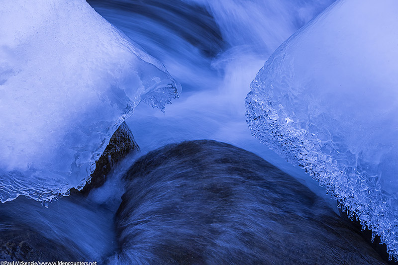 River water flowing past ice, Jigokudani, Japan