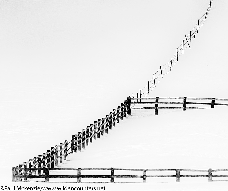 Fence on sloping snow-covered field, Eastern Hokkaido, Japan