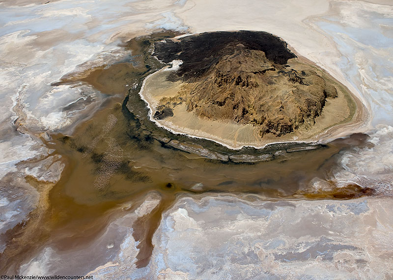 10. Volcanic island set in dried up lake with flying Lesser Flamingos (Phoeniconaias minor) in foreground (aerial shot), Lake Logipi, N